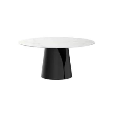 POVISON Modern Round Dining Table for 4, Marble Dining Room Table Round 47" Matte White Sintered Stone Tabletop with Solid Black Carbon Steel Pedestal, Circle Dining Table for Kitchen(Table Only)
