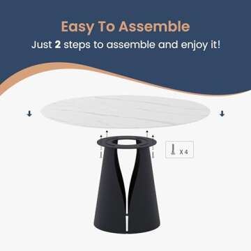 POVISON Modern Round Dining Table for 4, Marble Dining Room Table Round 47" Matte White Sintered Stone Tabletop with Solid Black Carbon Steel Pedestal, Circle Dining Table for Kitchen(Table Only)