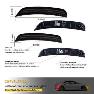 POPMOTORZ Full LED Front Rear Side Marker Lights Kits 4 Pack Compatible With 2015 2016 2017 2018 2019 2020 2021 2022 2023 2024 Chrysler 300 Fender Amber/Red LED Side Marker Lamps Smoke Lens