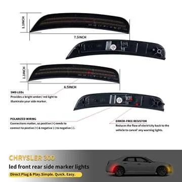 POPMOTORZ Full LED Front Rear Side Marker Lights Kits 4 Pack Compatible With 2015 2016 2017 2018 2019 2020 2021 2022 2023 2024 Chrysler 300 Fender Amber/Red LED Side Marker Lamps Smoke Lens