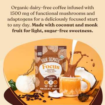 Four Sigmatic Focus Organic Mushroom Coffee Latte | 1500mg Adaptogens per Serving | Lion's Mane, Chaga, Rhodiola, Ashwagandha & Mucuna for Energy, Focus, Positivity & Immune Support | 30 Servings