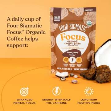 Four Sigmatic Focus Organic Mushroom Coffee Latte | 1500mg Adaptogens per Serving | Lion's Mane, Chaga, Rhodiola, Ashwagandha & Mucuna for Energy, Focus, Positivity & Immune Support | 30 Servings