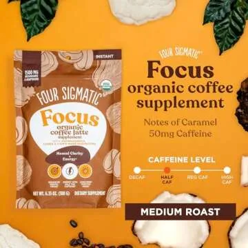 Four Sigmatic Focus Organic Mushroom Coffee Latte | 1500mg Adaptogens per Serving | Lion's Mane, Chaga, Rhodiola, Ashwagandha & Mucuna for Energy, Focus, Positivity & Immune Support | 30 Servings