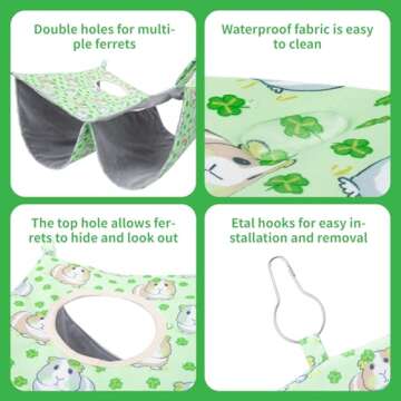 BESNEW Enlarged Ferret Rat Hammock Set,2 Holes Waterproof Guinea Pig Hammock,Cute Guinea Pig Printed Toys Hanging Tunnels and Tubes Soft Hiding Playing Sleeping