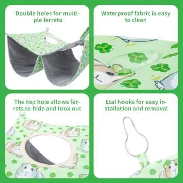 BESNEW Enlarged Ferret Rat Hammock Set,2 Holes Waterproof Guinea Pig Hammock,Cute Guinea Pig Printed Toys Hanging Tunnels and Tubes Soft Hiding Playing Sleeping