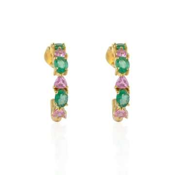 Minimalist 1.94 Cts Emerald Pink Sapphire Hoops Earring 14k Solid Yellow Gold- C Hoop Prong Set Earrings For Women- Gift For Mom