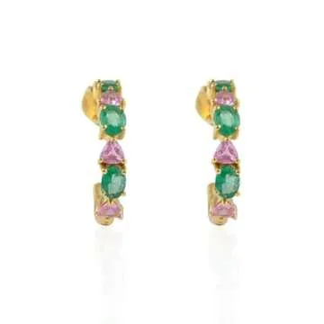 Minimalist 1.94 Cts Emerald Pink Sapphire Hoops Earring 14k Solid Yellow Gold- C Hoop Prong Set Earrings For Women- Gift For Mom