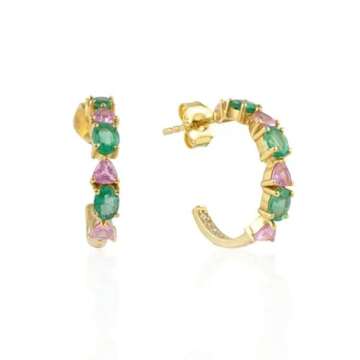 Minimalist 1.94 Cts Emerald Pink Sapphire Hoops Earring 14k Solid Yellow Gold- C Hoop Prong Set Earrings For Women- Gift For Mom