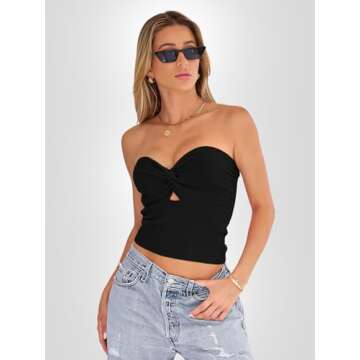EFAN Womens Tube Tops Going Out Cut Twist Knot Front Bandeau Ribbed Knit Y2K Strapless Tank Bustier Corset Clothes Black M