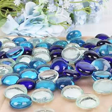 FUTUREPLUSX 1LB Flat Glass Marbles, Blue Mixed Gemstone Vase Fillers Beads Decorative Glass Pebbles Floral Fish Tank Rocks for Vases Table Scatter Aquarium Decor