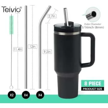 Teivio 8 Piece 5/16 inch (8mm) Wide Stainless Steel Straws for 40 oz Tumbler with Handle, 12 Inch Long Reusable Metal Drinking Straws, Replacement Straws with Silicone Tips & Cleaning Brush, Silver