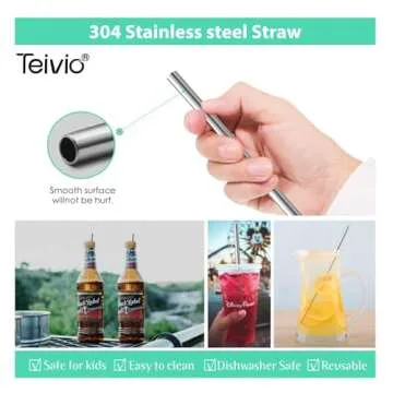 Teivio 8 Piece 5/16 inch (8mm) Wide Stainless Steel Straws for 40 oz Tumbler with Handle, 12 Inch Long Reusable Metal Drinking Straws, Replacement Straws with Silicone Tips & Cleaning Brush, Silver