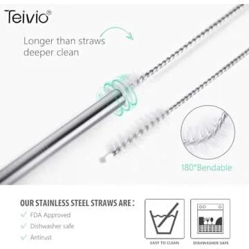 Teivio 8 Piece 5/16 inch (8mm) Wide Stainless Steel Straws for 40 oz Tumbler with Handle, 12 Inch Long Reusable Metal Drinking Straws, Replacement Straws with Silicone Tips & Cleaning Brush, Silver