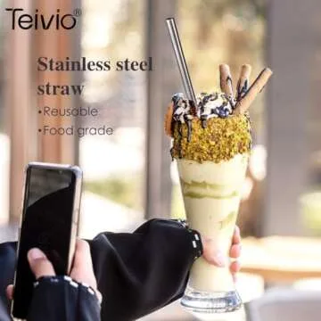 Teivio 8 Piece 5/16 inch (8mm) Wide Stainless Steel Straws for 40 oz Tumbler with Handle, 12 Inch Long Reusable Metal Drinking Straws, Replacement Straws with Silicone Tips & Cleaning Brush, Silver