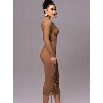 Women Sexy Mesh Maxi Dress Off Shoulder Long Sleeve Bodycon Ruched y2k Club Party Concert Night Rave...
