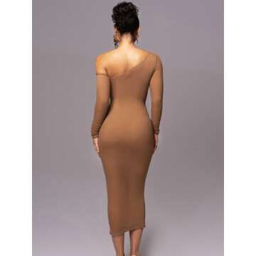 Women Sexy Mesh Maxi Dress Off Shoulder Long Sleeve Bodycon Ruched y2k Club Party Concert Night Rave Outfits Brown