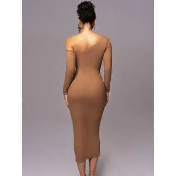 Women Sexy Mesh Maxi Dress Off Shoulder Long Sleeve Bodycon Ruched y2k Club Party Concert Night Rave Outfits Brown