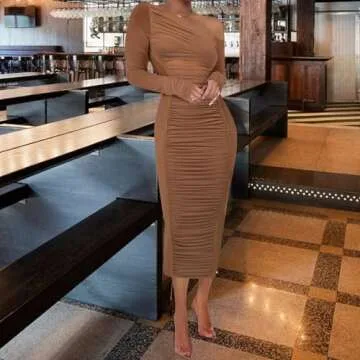 Women Sexy Mesh Maxi Dress Off Shoulder Long Sleeve Bodycon Ruched y2k Club Party Concert Night Rave Outfits Brown