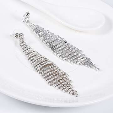 SELOVO Long Chandelier Dangly Dangle Earrings Silver Tone Tassel Bride Jewelry for Women