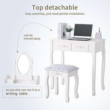 Elegant 4 Drawer Vanity Table Set with Stool & Mirror
