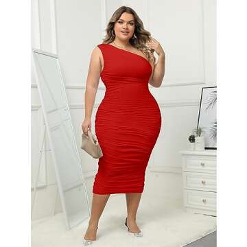 LAGSHIAN Women Sexy One Shoulder Plus Size Sleeveless Ruched Bodycon Long Party Dress Red