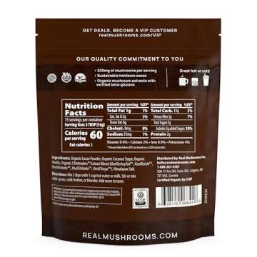 Real Mushrooms Organic Hot Chocolate Mix with 5 Defenders Turkey Tail, Chaga, Maitake, Shiitake, Reishi Mushroom - Cacao Powder Vegan Supplement, Gluten-Free, 15 Servings