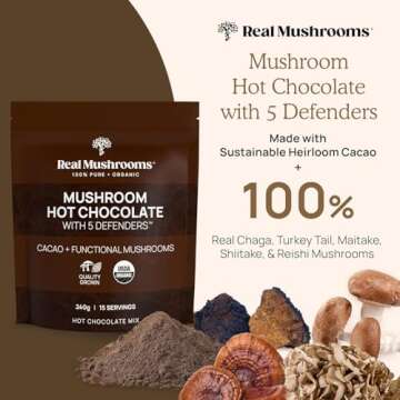 Real Mushrooms Organic Hot Chocolate Mix with 5 Defenders Turkey Tail, Chaga, Maitake, Shiitake, Reishi Mushroom - Cacao Powder Vegan Supplement, Gluten-Free, 15 Servings