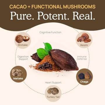 Real Mushrooms Organic Hot Chocolate Mix with 5 Defenders Turkey Tail, Chaga, Maitake, Shiitake, Reishi Mushroom - Cacao Powder Vegan Supplement, Gluten-Free, 15 Servings