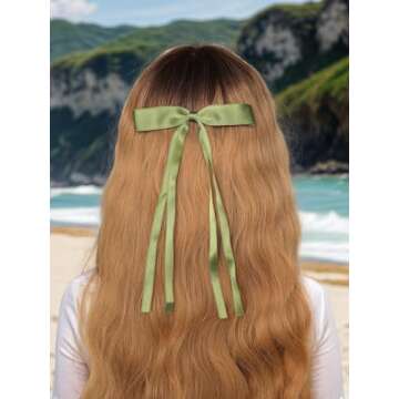 Hair Clips with Tassels, Ribbons and Bowknots - 4pcs Long Tail Claw Clips with Bows for Women and Girls, Solid Barrettes Hair Accessories (Pink Green)