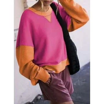 SHEWIN Sweatshirt for Women Fashion 2024 Casual Long Sleeve Shirts Loose Crewneck Pullover Sweatshirts Fall Tops,US 8-10(M),Rose