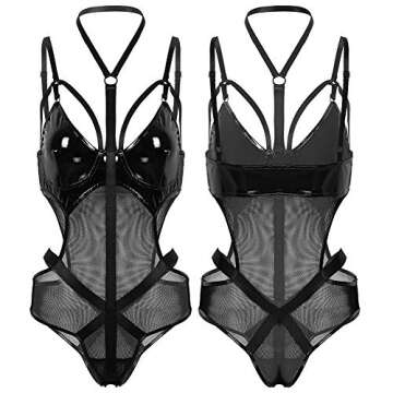 Crubelon Women’s Wet Look Lingerie Leather Bodysuit Mesh Patchwork Halter Neck High Cut Leotard Bo...