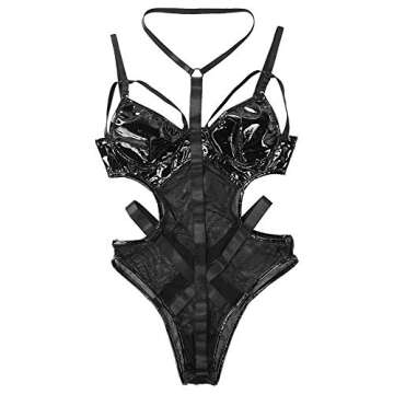 Crubelon Women’s Wet Look Lingerie Leather Bodysuit Mesh Patchwork Halter Neck High Cut Leotard Bodysuit Clubwear (Black, XL)
