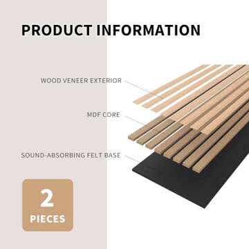 POHARE Wood Slat Wall Panels, 2 Pack Accent Decorative Acoustic Wood Slats for Wall and Ceilings, Acoustic Panels for Interior Wall Décor on Felt Back Board, Oak, 8 x 1 ft