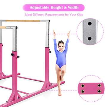 Costzon Double Horizontal Bars, Junior Gymnastic Training Parallel Bars w/ 11-Level 38-55" Adjustable Heights, Converted Single Bar, 264lbs Capacity, Ideal for Indoors, Outdoors, Home Practice (Pink)