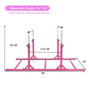 Costzon Double Horizontal Bars, Junior Gymnastic Training Parallel Bars w/ 11-Level 38-55" Adjustable Heights, Converted Single Bar, 264lbs Capacity, Ideal for Indoors, Outdoors, Home Practice (Pink)