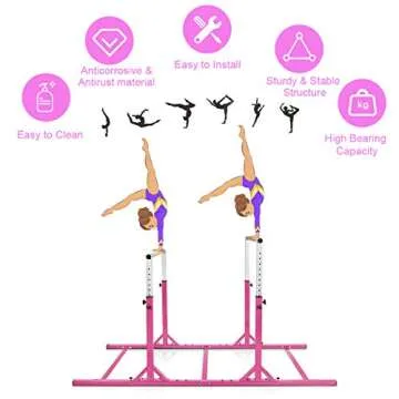 Costzon Double Horizontal Bars, Junior Gymnastic Training Parallel Bars w/ 11-Level 38-55" Adjustable Heights, Converted Single Bar, 264lbs Capacity, Ideal for Indoors, Outdoors, Home Practice (Pink)