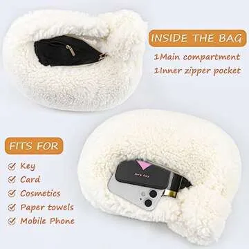 FERCAISH French Style Portable Handbag, Autumn and Winter Season Plush Handbag for Clothing Shooting Daily Dress up, Plush Handbag Dumpling Bag(White)