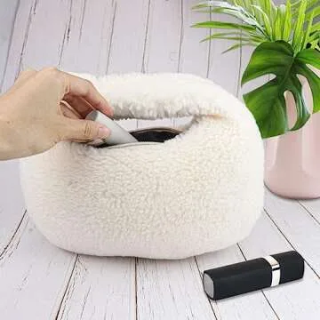 FERCAISH French Style Portable Handbag, Autumn and Winter Season Plush Handbag for Clothing Shooting Daily Dress up, Plush Handbag Dumpling Bag(White)