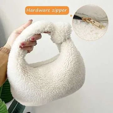 FERCAISH French Style Portable Handbag, Autumn and Winter Season Plush Handbag for Clothing Shooting Daily Dress up, Plush Handbag Dumpling Bag(White)