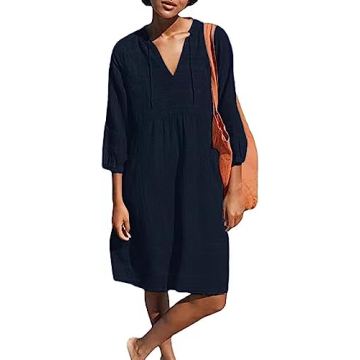 Lafural Womens V Neck Cotton Casual Loose Shift Tunic Smock Summer Dresses Vacation Dress 3/4 Sleeve...