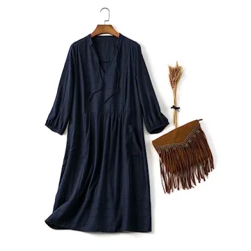 Lafural Womens V Neck Cotton Casual Loose Shift Tunic Smock Summer Dresses Vacation Dress 3/4 Sleeve Pocket Navy M