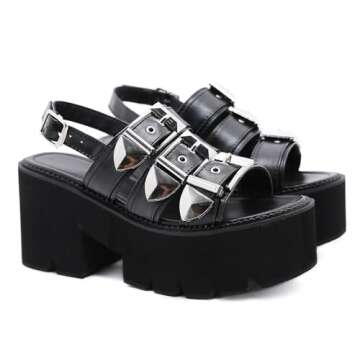 Women's Platform Open Toe Goth Sandals,Adjustable Ankle Buckle Comfortable Chunky High Heeled Fisherman Sandals Classic Non-Slip Punk Party Sandals (Black,7)