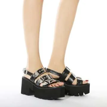 Women's Platform Open Toe Goth Sandals,Adjustable Ankle Buckle Comfortable Chunky High Heeled Fisherman Sandals Classic Non-Slip Punk Party Sandals (Black,7)