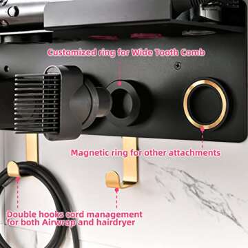 Dyson Airwrap Holder Wall Mount, Holder for Dyson Hair Dryer Airwrap Hair Styler, 2in1 Airwrap Holder, Dyson Hair Dryer Stand to Organize 5 Dyson Blow Dryer Attachments Black, Uemusi