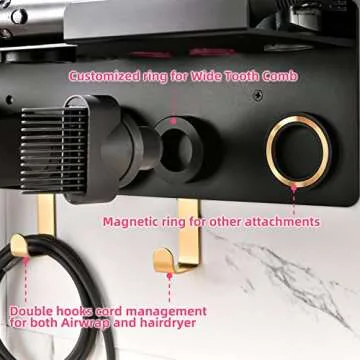Dyson Airwrap Holder Wall Mount, Holder for Dyson Hair Dryer Airwrap Hair Styler, 2in1 Airwrap Holder, Dyson Hair Dryer Stand to Organize 5 Dyson Blow Dryer Attachments Black, Uemusi