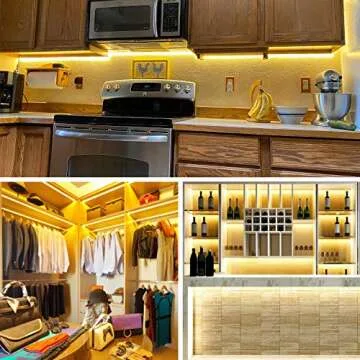 Kintion Dimmable LED Under Cabinet Lighting, 16.4ft Warm White Under Counter Lights with Remote Control, Flexible Tape Light for Kitchen Cabinet, Wardrobe, Showcase, Cupboard, 1pc UL Power Adapter