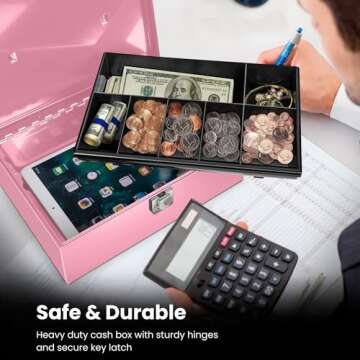 Flexzion Cash Box with Lock - Secure Cash Storage in Pink