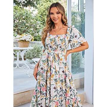 Amegoya Women's Boho Summer Floral Midi Dress Flowy Tiered Flutter Sleeve Square Neck Smocked Cottagecore Dress (Flower S)