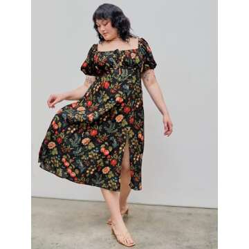 CIDER Plus Size Midi Dress Summer Fruit Patterned Square Neck Puff Sleeve Boho Vacation Casual Midi ...