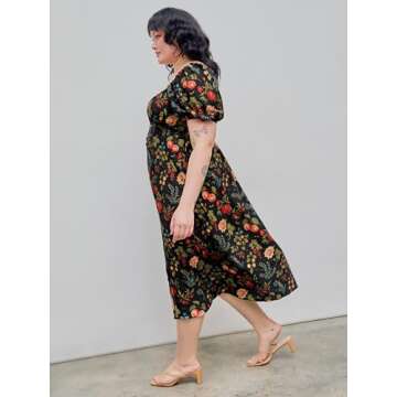 CIDER Plus Size Midi Dress Summer Fruit Patterned Square Neck Puff Sleeve Boho Vacation Casual Midi Dress for Curvy Women Multicolor